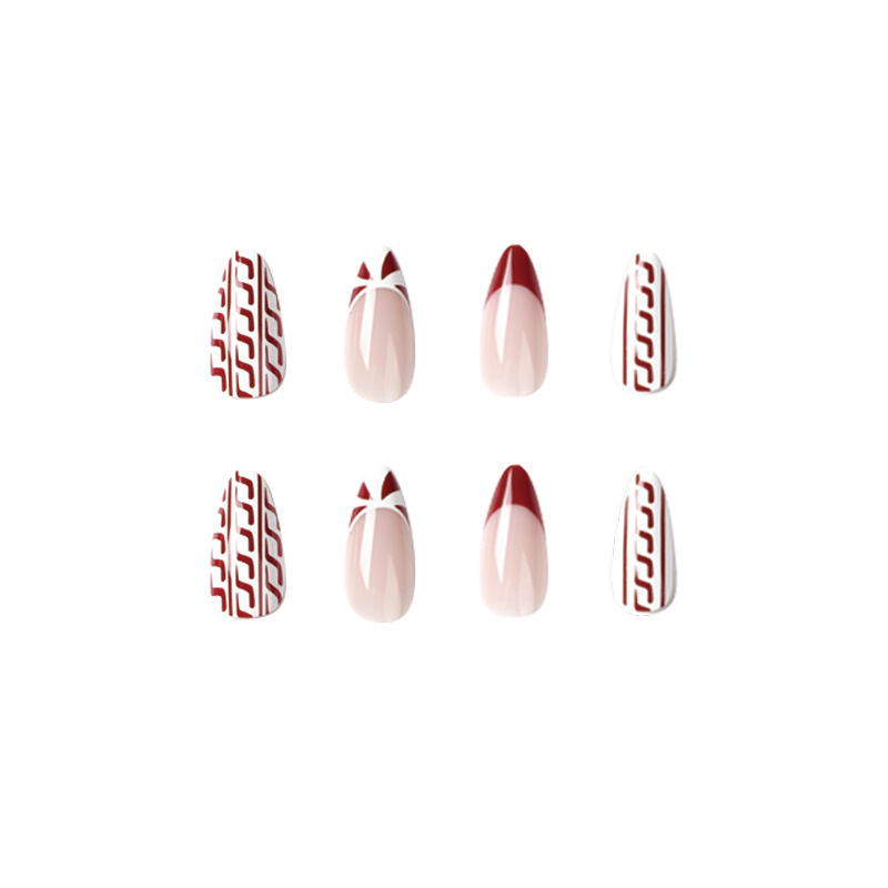 ( Buy 1 Get 2 ) Women Fashion Christmas Red Border Geometric Detachable False Nails