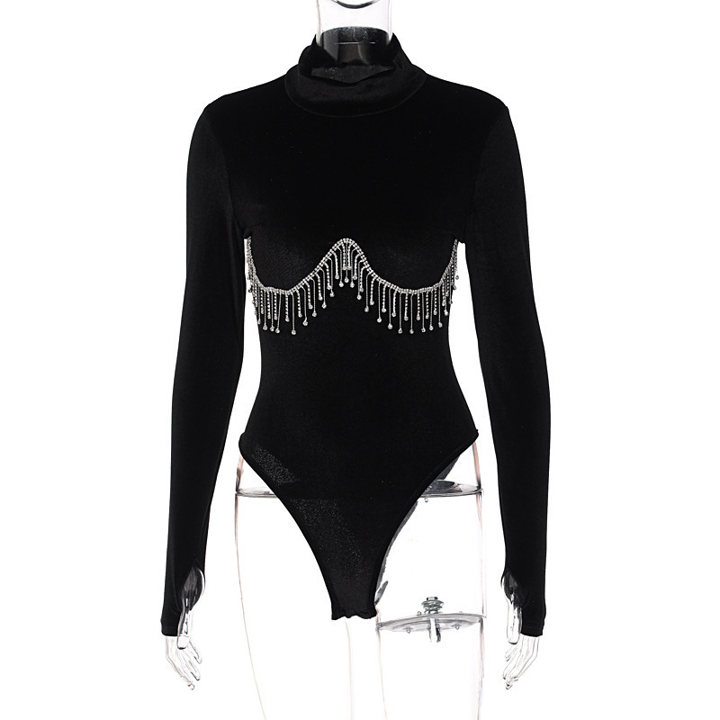 Women Summer Imitation Diamond Chain Decorated High Neck Slim Bodysuit