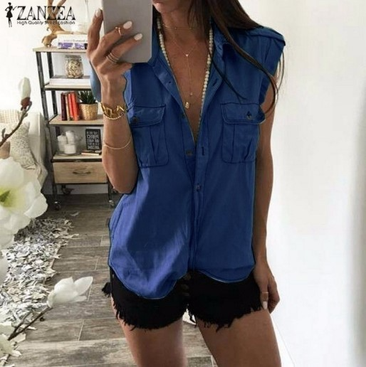 Women'S Fashion Casual Loose Sleeveless Single-Breasted Denim Shirt