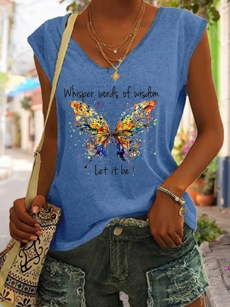 Fashion Sleeveless Butterfly Print Casual V-Neck Women'S Blouses