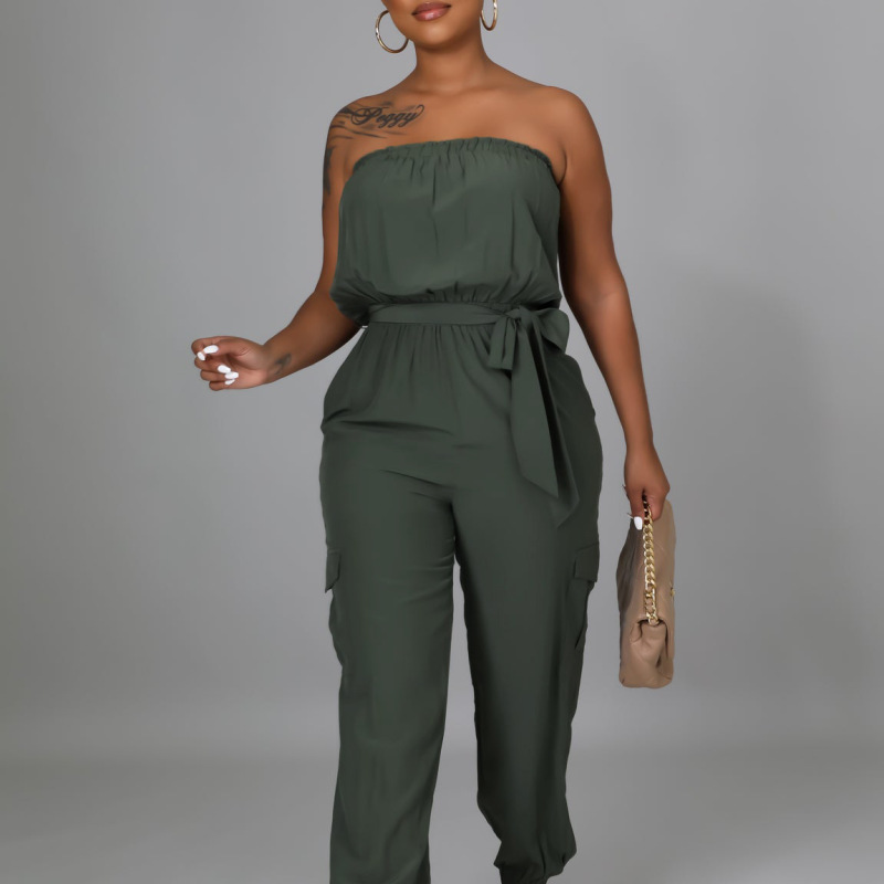 Women Wrap Chest Belt Solid Color Jumpsuit