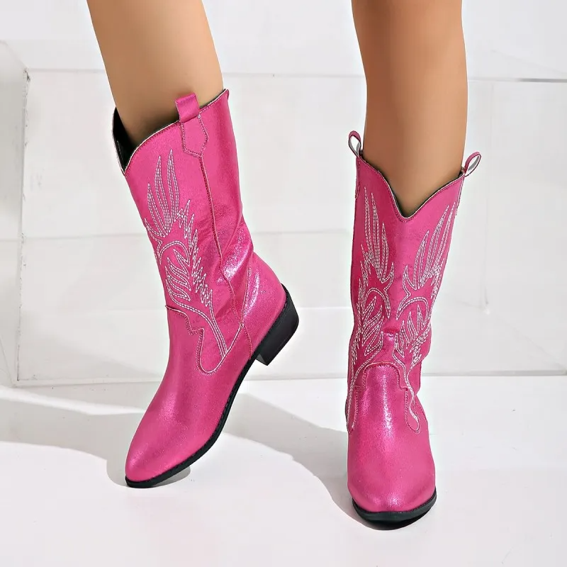 Women Fashion Plus Size V-Mouth Embroidery Pointed Toe Mid-Calf Boots