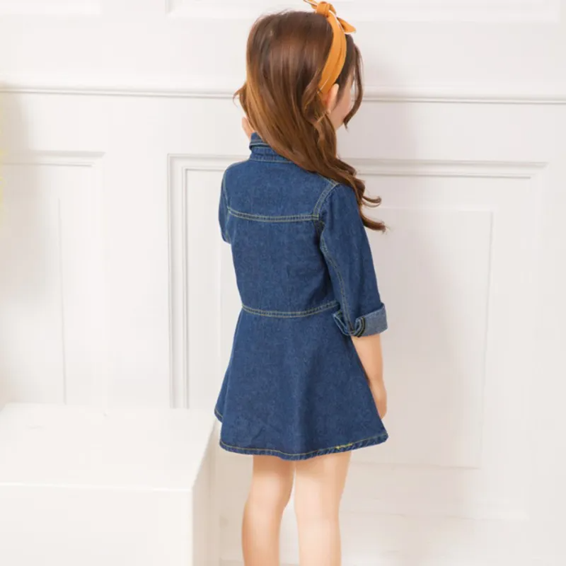 Kids Girls Simple Lapel Long Sleeve Pockets Denim Dress