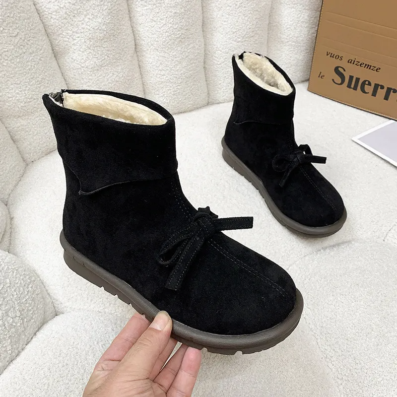 Autumn Winter Women Fashion Plus Size Suede Bow Round Toe Flat Snow Boots