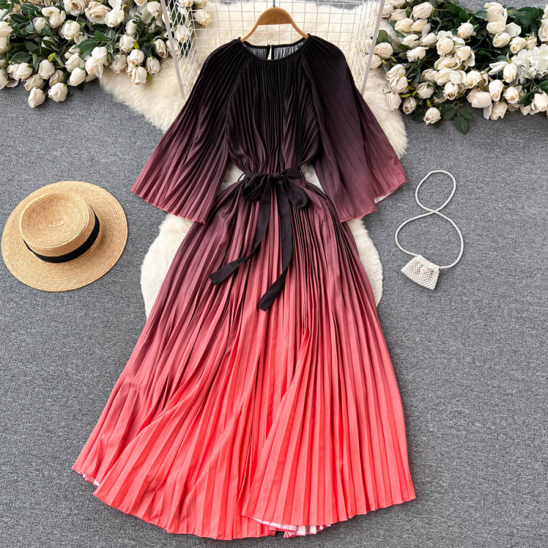 Women Casual Elegant Retro Loose Round Neck Cropped Sleeve Creased Lace-Up Gradient Color Pleated Dress