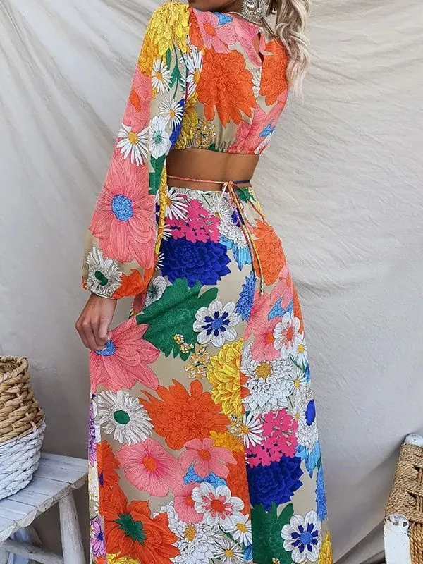 Women Ramadan /Eid Fashion Casual Floral Print Lace-Up Long Sleeve Maxi Dress