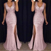 Women Fashion Sexy V-Neck Split Sprinkling Gold Dinner Dress