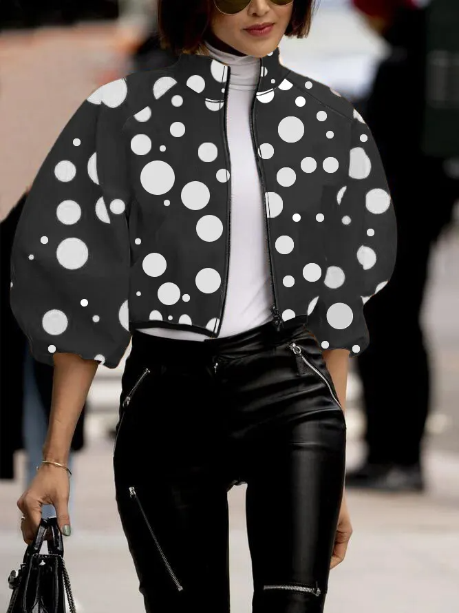 Spring And Autumn Women Fashion Elegant Polka Dot Floral Printed Short Top Crop Zipper Jacket