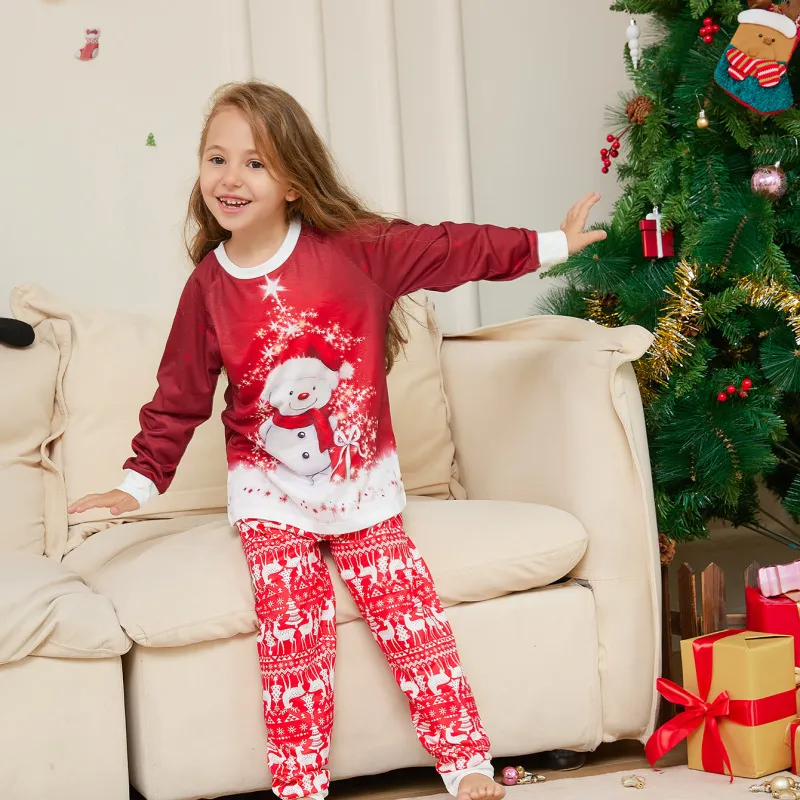 Cartoon Christmas Snowman Print Round Neck Long Sleeve Parent-Child Pajamas Set