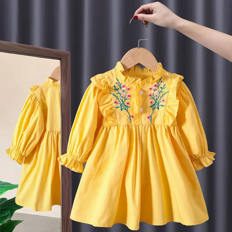 Kids Toddler Girls Fashion Casual Cute Solid Color Embroidery Floral Plaid Lapel Dress