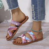 Women Fashion Casual Plus Size Graffiti Printed Cross Belt Round Toe Flat PU Slippers