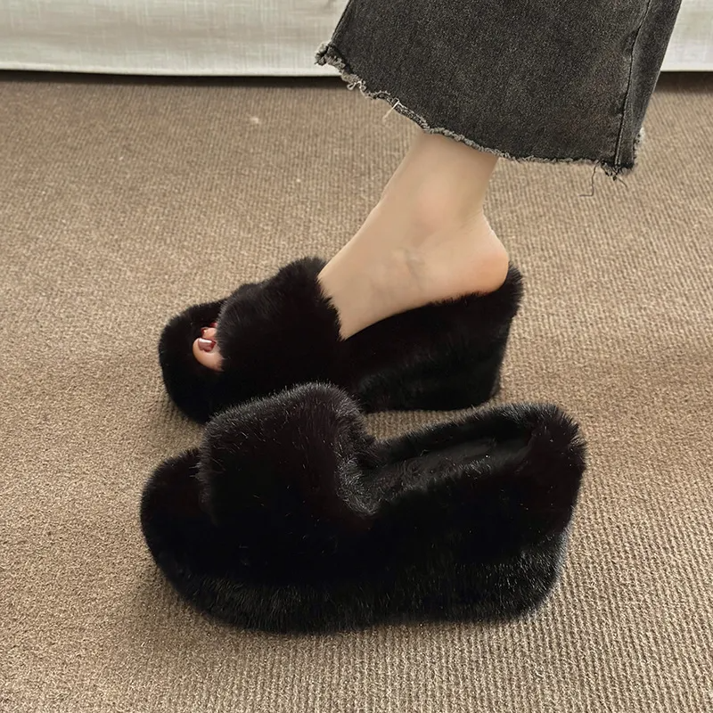 Autumn Winter Women Fashion Plush Warm Wedge Heel Home Slippers