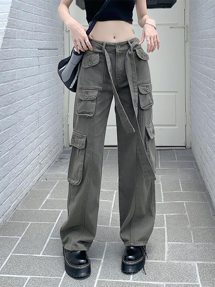 Women Retro Multi-Pocket Old Overalls Loose Straight Pants