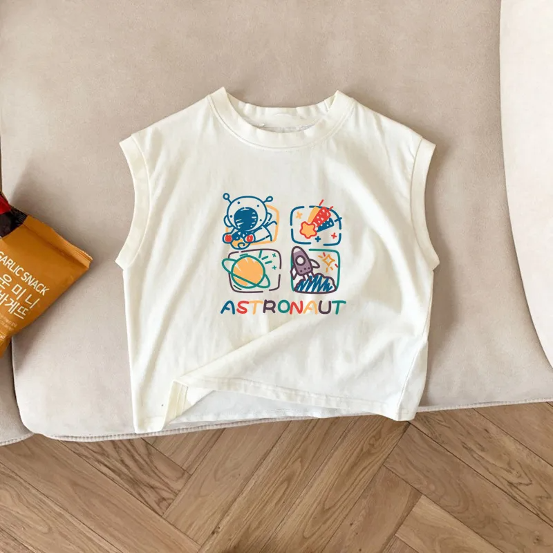 (Buy 1 Get 1) Kids Toddler Girls Boys Summer Basic Cotton Space Cartoon Sleeveless Round Neck T-Shirt