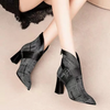 Women'S Fashion Pointed Toe Belt Buckle Stripe Back Zip Block Heel Short Boots