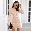 Women Elegant Solid Color Satin Long Puff Sleeve V Neck Cut Out Dress