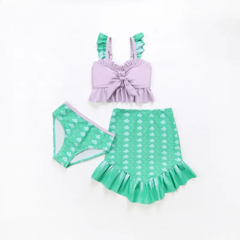 Children Kids Baby Fashion Girls Fish Scale Print Split Swimsuit 3pcs Set