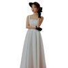 Hepburn Style Women White Simple Satin Sling High Waist Wedding Party Dress