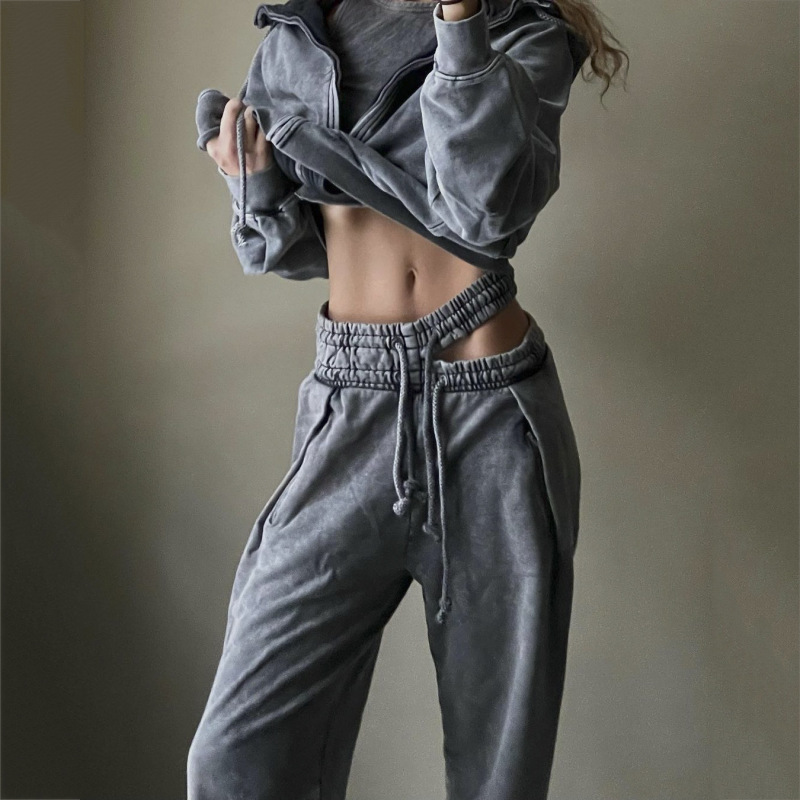 Women Casual Retro Loose Hollow Drawstring Straight-Leg Sweatpants