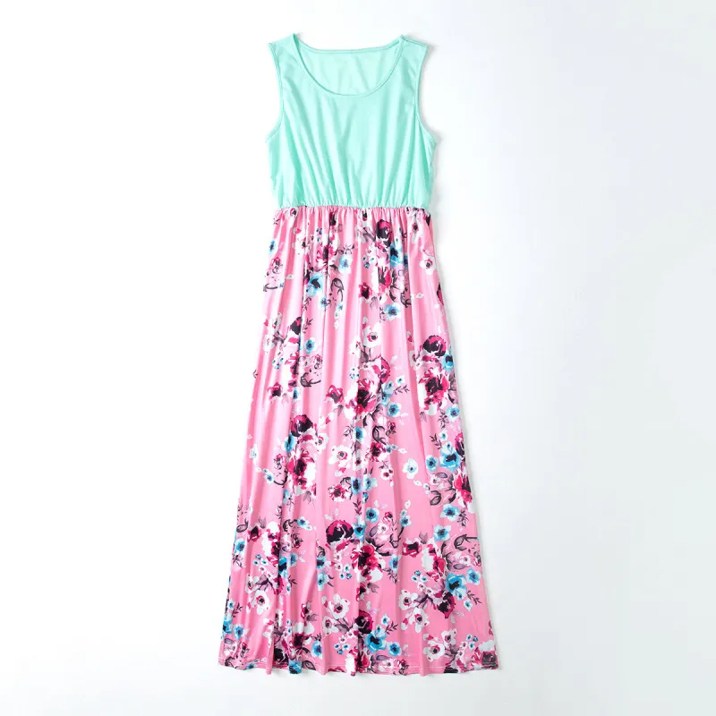 Fashion Summer Vacation Family Mother-Daughter Floral Printed Round Neck Sleeveless Maxi Dress