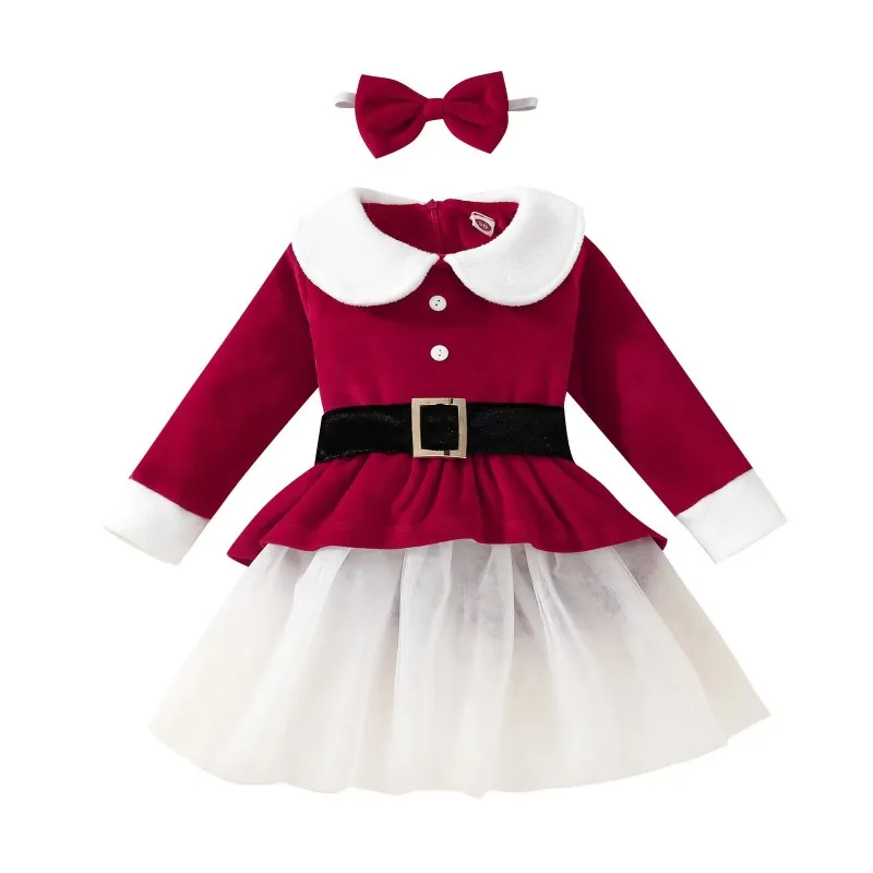 Kids Toddler Girls Fashion Casual Christmas Lapel Long Sleeve Mesh Dress