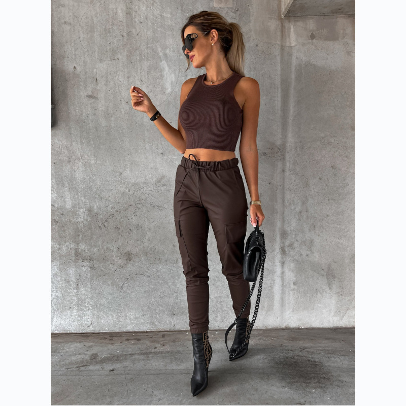 Women Fashion Solid Color Elastisch High Waist Pu Pencil Pants