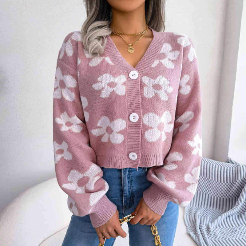 Women Fashion Color Block Floral Lantern Sleeve Cardigan Sweater Coat