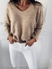 Women Fashion Casual Simple Solid Color V-Neck Pullover Knitted Sweater