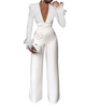 Women Solid V-Neck Mesh Feather Patchwork Long Sleeve Neck Waist Wide Leg Jumpsuit