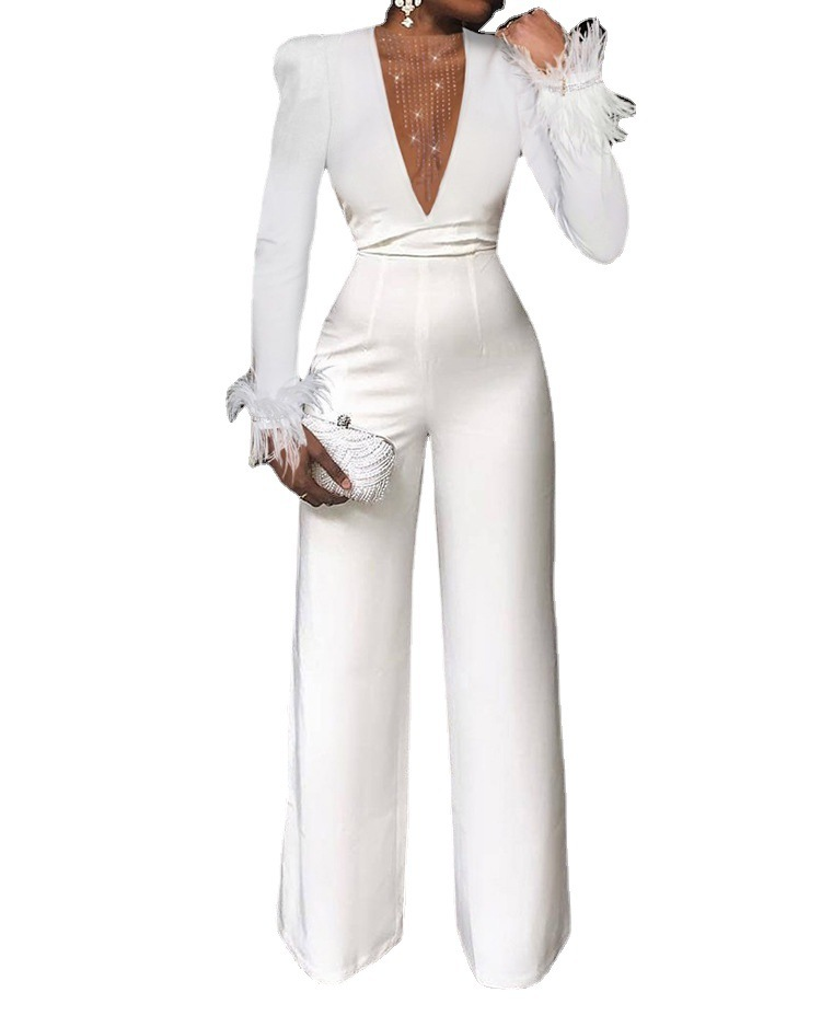 Women Solid V-Neck Mesh Feather Patchwork Long Sleeve Neck Waist Wide Leg Jumpsuit