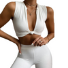 Women Fashion Athleisure Sexy Solid Color V-Neck Tank Top Slim Pants Sports Set