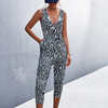 Women Leopard Print Waist Tie Sleeveless Jumpsuit