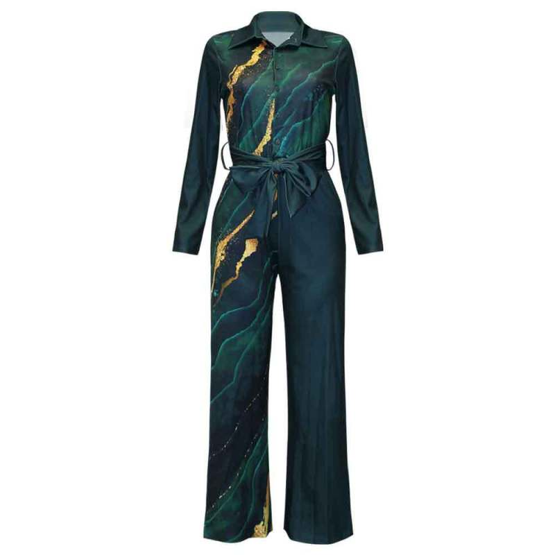 Women Printed Long Sleeve Lapel Loose Casual Jumpsuit