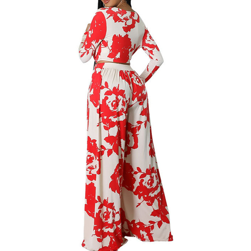 Fashion Casual Floral Printed Sexy V-Neck Long-Sleeved Blouse Wide-Leg Pants Two-Piece Set