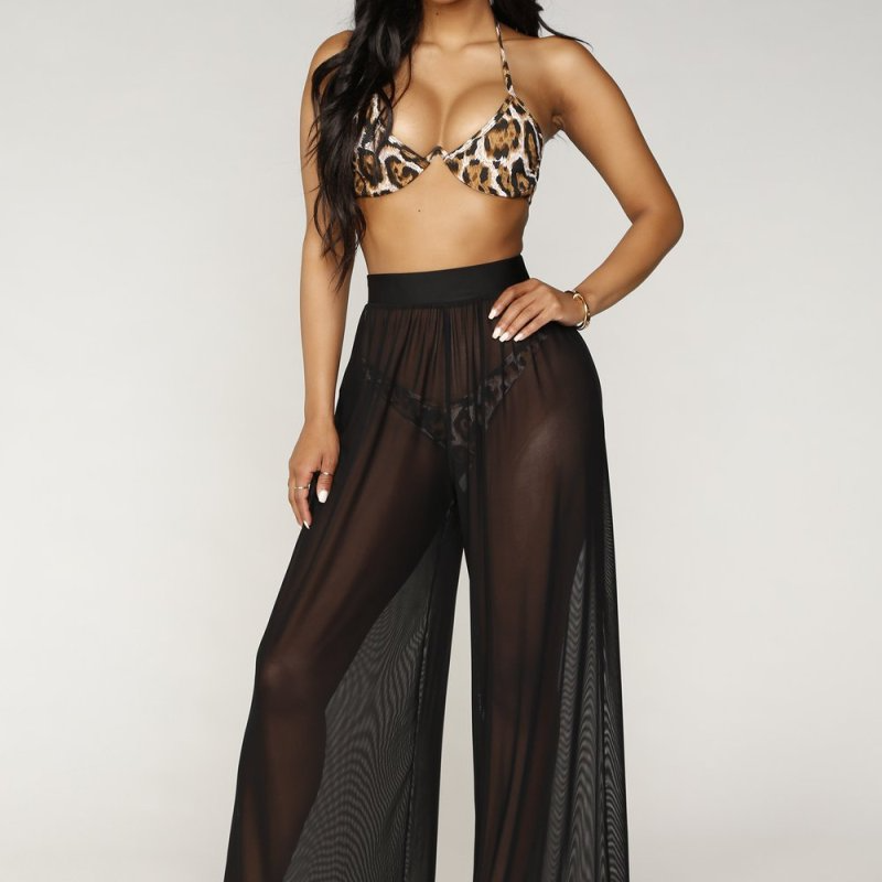 Solid Color Women Sexy Solid Mesh See-Through Casual Wide-Leg Pants