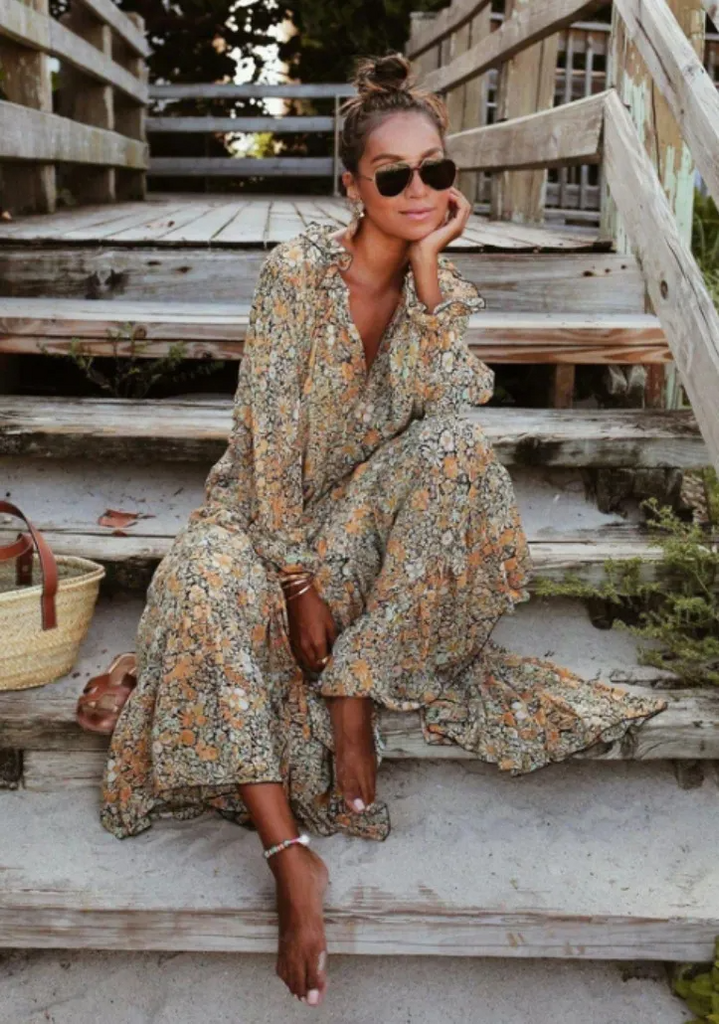 Women Ramadan /Eid Fashion Bohemian Small Tiny Flower Print Long Sleeve Maxi Dress