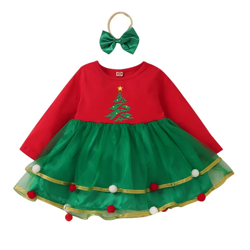 Kids Toddler Girls Fashion Casual Christmas Round Neck Long Sleeve Mesh Dress