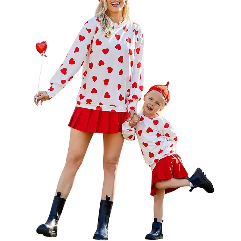 Family Matching Mother Daughter Loose Casual Long-Sleeved Heart Sweatshirt