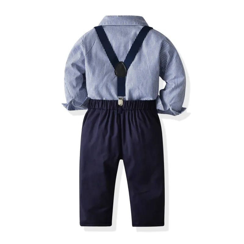 Kids Toddler Boys Spring Autumn Fashion Casual British Style Bow Stripe Shirt Suspender Trousers Party Clothing Set