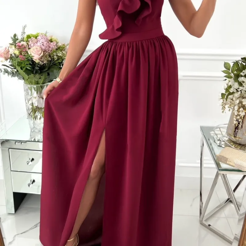 Women Elegant Solid Color One Shoulder Sleeveless Ruffle Side-Slit Dress