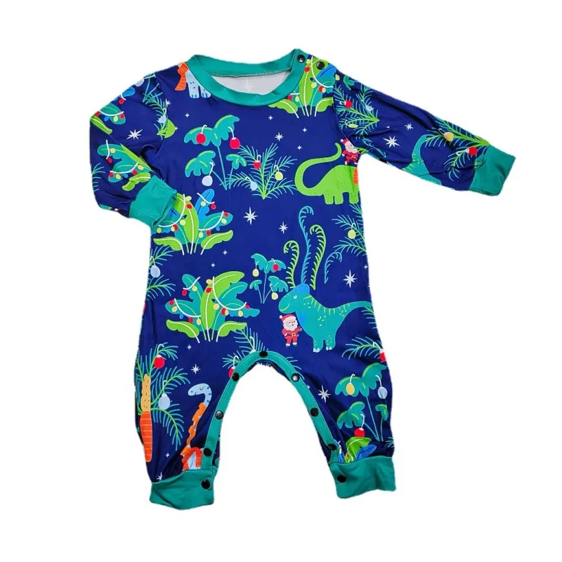 Christmas Cartoon Dinosaur Print Round Neck Long Sleeve Parent-Child Home Pajamas Set