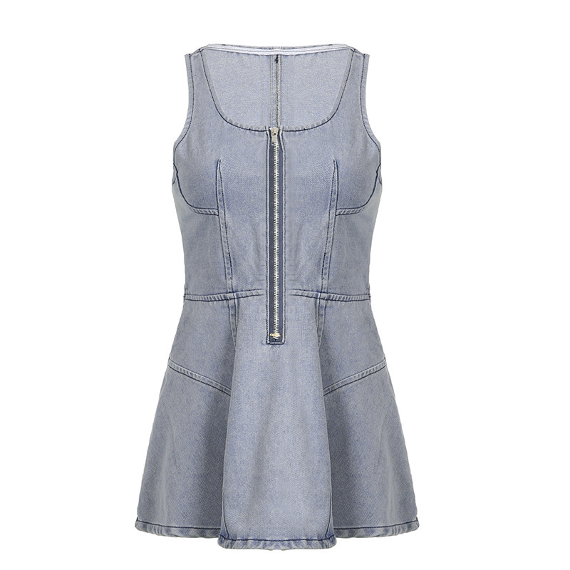 Women'S Fashion Edgy Zipper Defined Waist Sleeveless A Hem Denim Dress