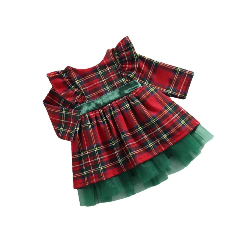 Kids Toddler Girls Fashion Casual Christmas Red Plaid Bow Round Neck Long Sleeve Dress