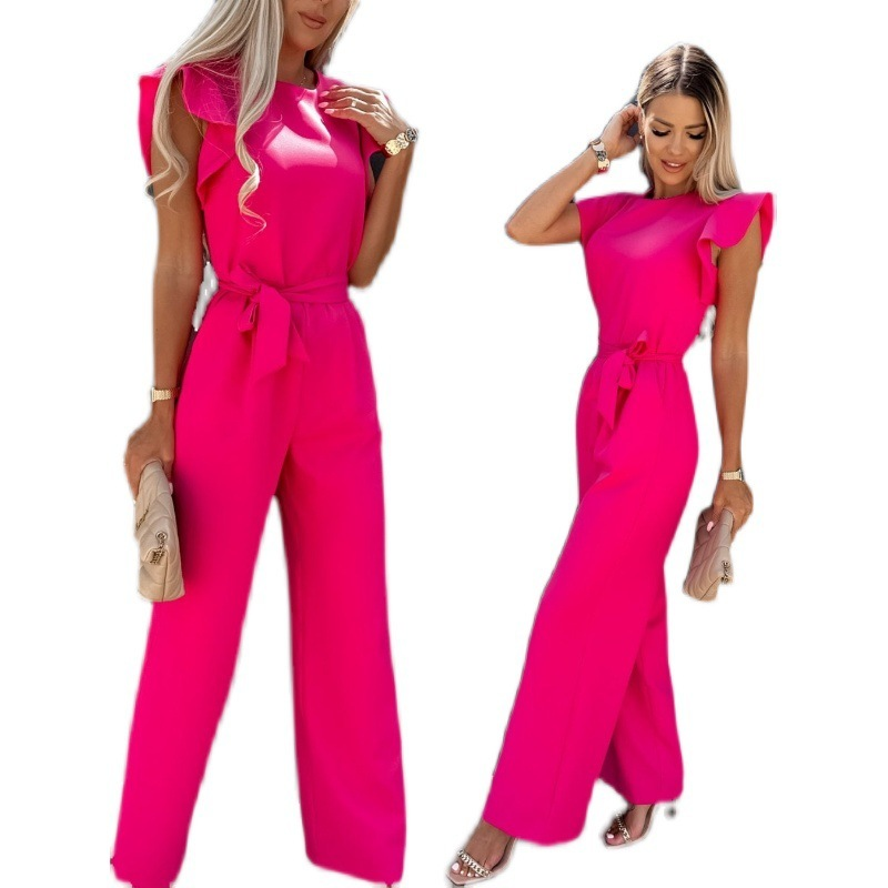 Women Round Neck Lotus Leaf Sleeve Waist Bandage Jumpsuit