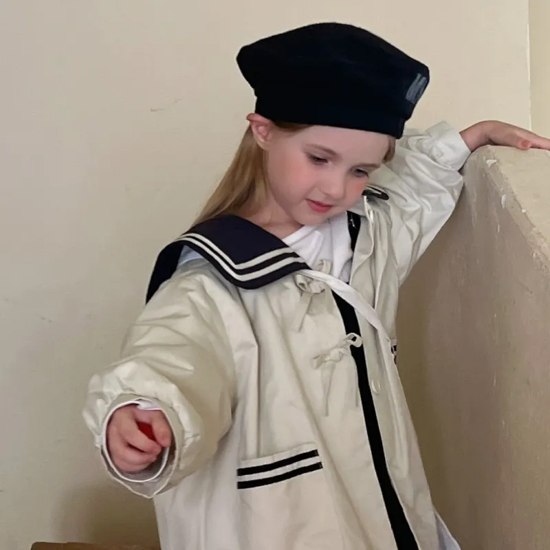 ( Buy 1 Get 2 )Kids Toddler Girls Spring Autumn Casual Cute Solid Color Sailor Suit Button Lapel Long Sleeve Coat