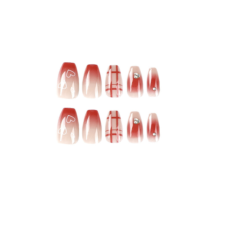 ( Buy 1 Get 2 ) Women Fashion Gradient Red Hollow Heart Rhinestone Plaid False Nails