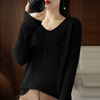 Women Solid Color Urban Casual Office Chic Slim-Fit V-Neck Knitted Long-Sleeved Tops Knitwear