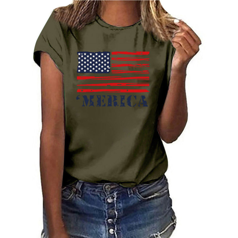 Women'S Fashion Star Stripe Flag Printed Round Neck Short Sleeve T-Shirt
