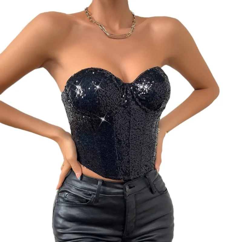 Women Fashion Sexy Strapless Sequin Vest