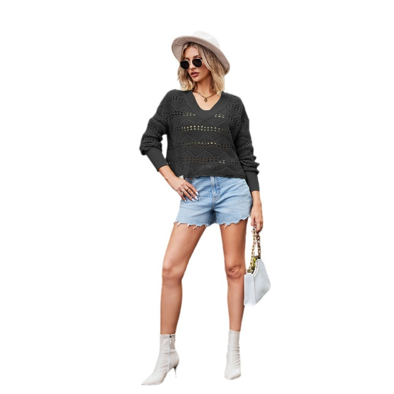 Women Fashion Sexy V-Neck Hollow-Out Diamond Knitted Sweater